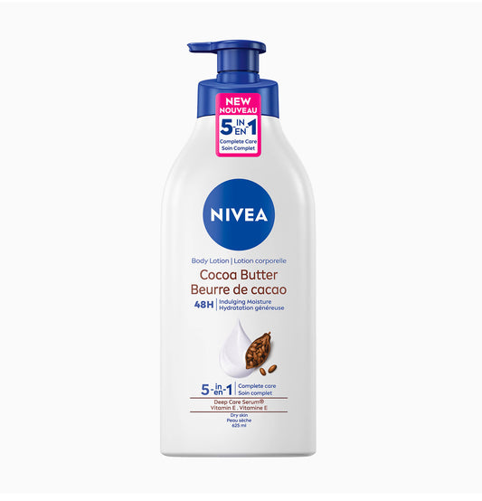 NIVEA Cocoa Butter Body Lotion - 48H Deep Moisturie |Daily Moisturizer | Light, Non-greasy | with Cocoa Butter & Vitamin E | For Dry to very dry Skin | 625mL Pump Bottle