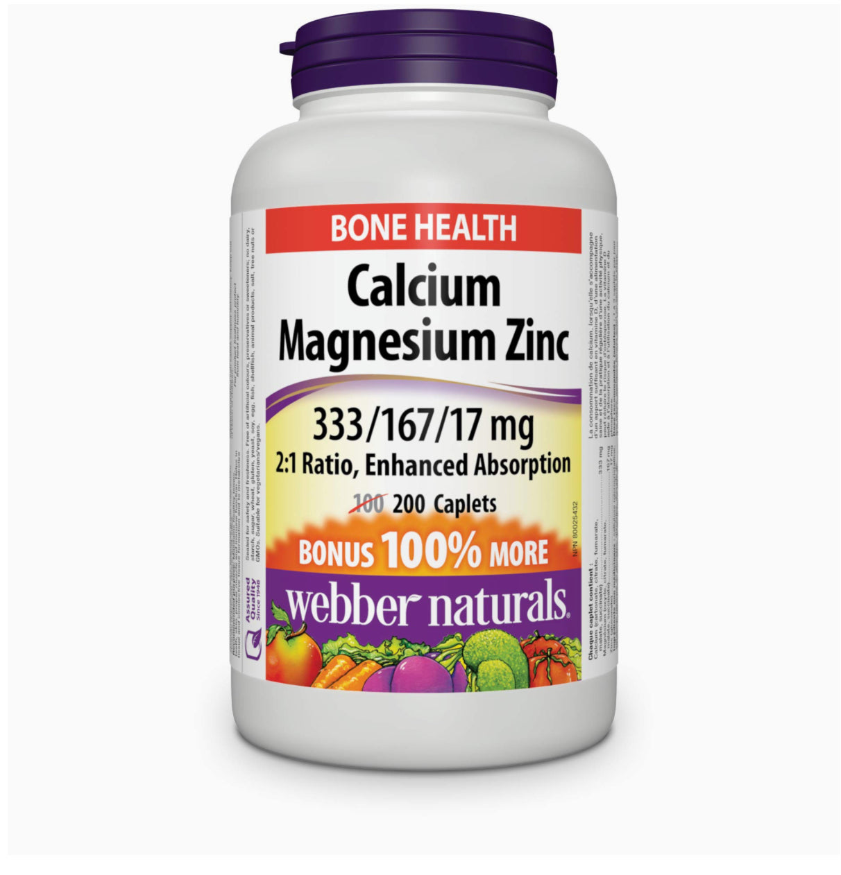 Webber Naturals Calcium with Magnesium and Zinc, 200 Caplets, Enhanced Absorption, Helps Support Bones and Teeth, Vegan