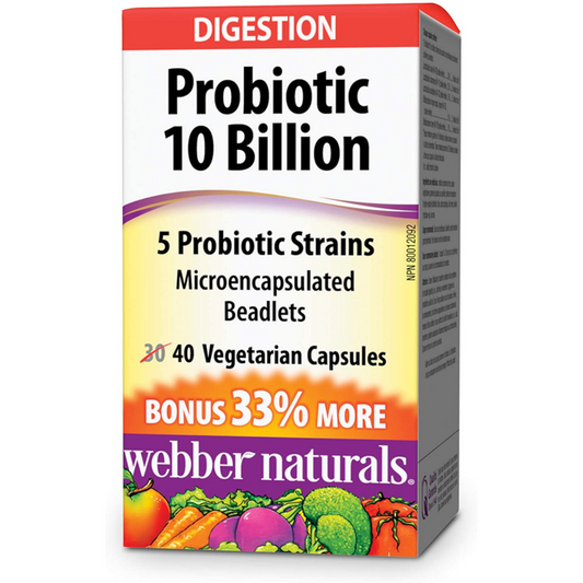 Webber Naturals Probiotic, 10 Billion Active Cells, 5 Probiotic Strains, Vegetarian Capsule, 40 Count
