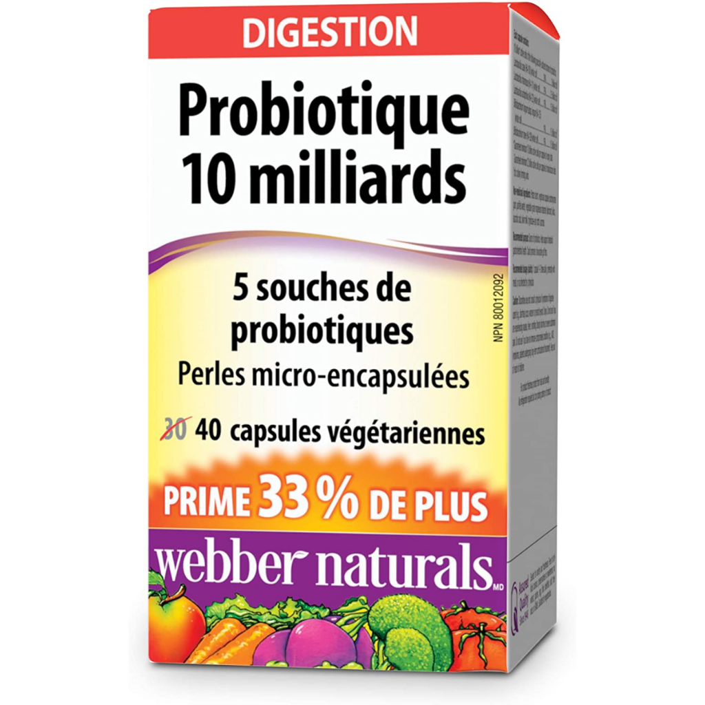 Webber Naturals Probiotic, 10 Billion Active Cells, 5 Probiotic Strains, Vegetarian Capsule, 40 Count