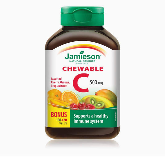 Jamieson Laboratories Vitamin C Chewable 500mg, Mixed 3 Flavours, 120 Count