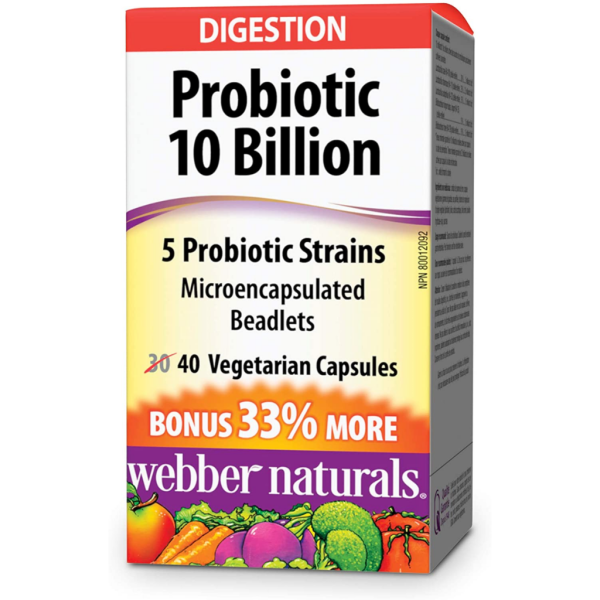 Webber Naturals Probiotic, 10 Billion Active Cells, 5 Probiotic Strains, Vegetarian Capsule, 40 Count