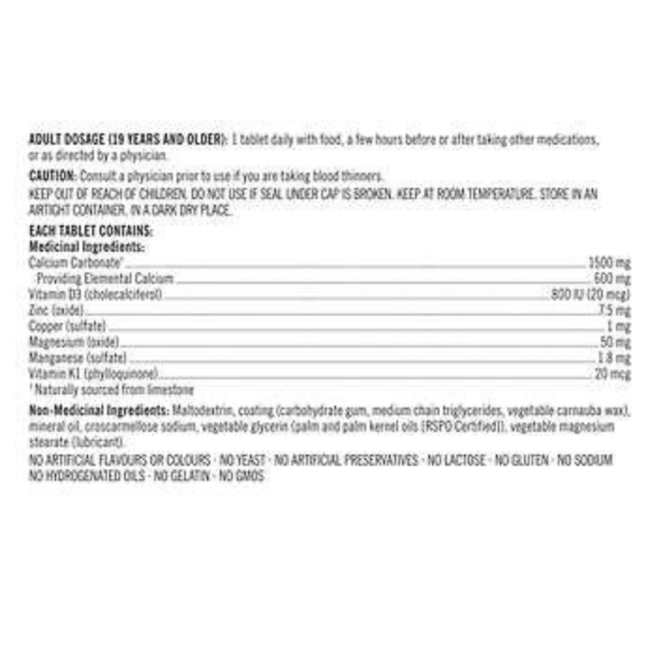 Kirkland Signature Calcium Plus With Vitamin D3 & Minerals 600 mg | 800 IU - 500 Tablets - Image 2