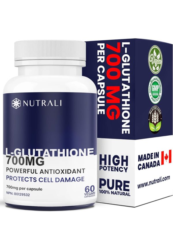 Nutrali 700mg HIGHEST POTENCY AVAILABLE L-Glutathione per capsule, Powerful Antioxidant and Cell Tissue Repair, Skin & Immune Health. Non-GMO, Vegan, Gluten Free. 60 Easy to Swallow Capsules.60 capsules