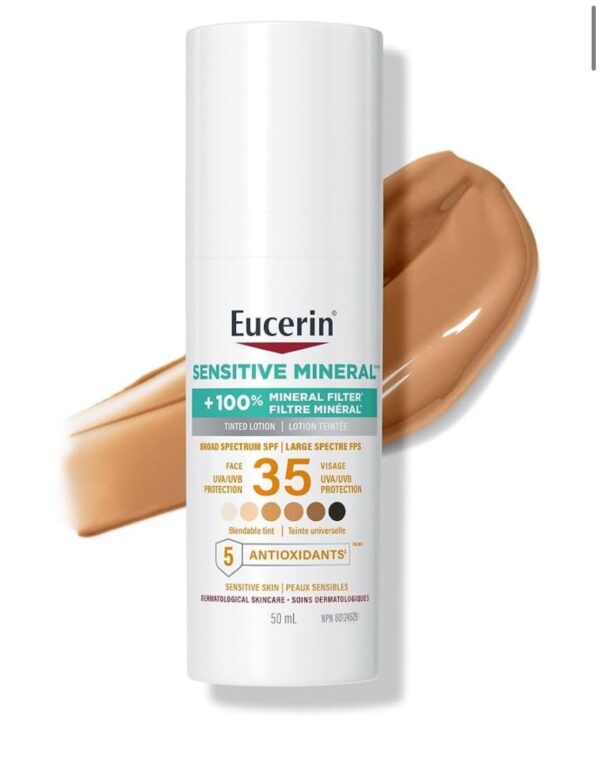 Eucerin Sun Tinted Mineral Face Sunscreen Lotion SPF 35 50 mLBlendable Tinted, Mineral Sunscreen, all skin tones, Zinc Oxide, 5 Antioxidants, Daily Sunscreen, pump